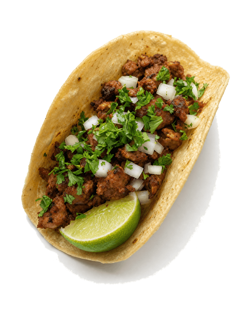 Taco al pastor with onion, cilantro and lime
